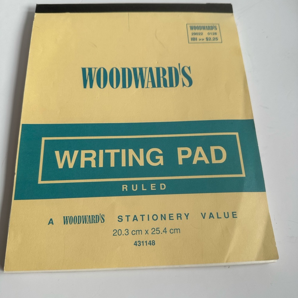 Vintage Woodward’s Department store ruled writing pad
8” x 10”